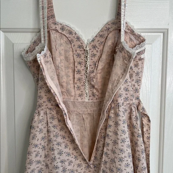 Vintage Gunne Sax lace up sweetheart pink ditzy floral midi dress ribbons & lace - Picture 7 of 10